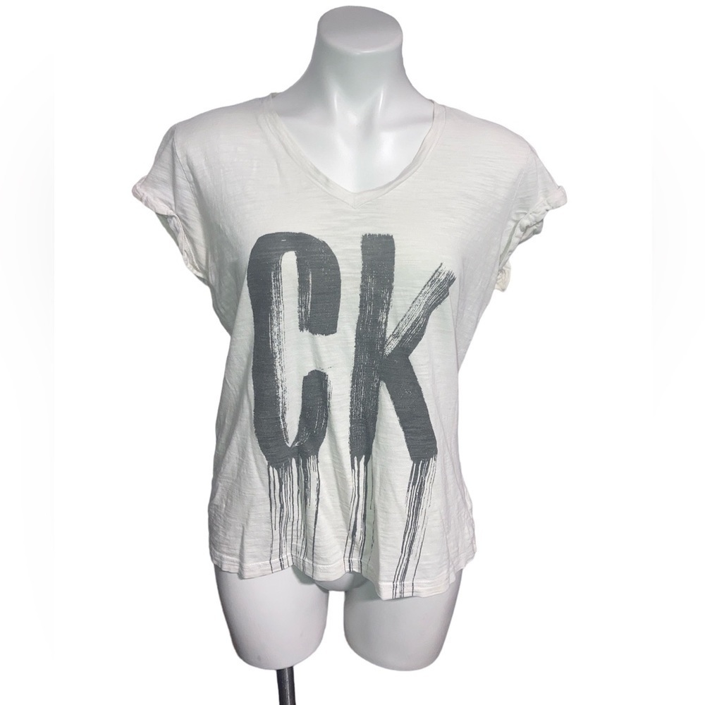 CALVIN Klein Women’s Medium White & Gray Short Sleeve Vneck Top
